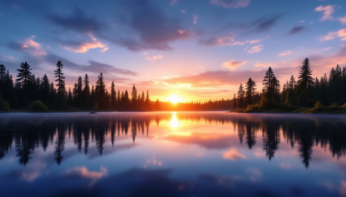 AI generated: A serene sunset over a tranquil lake surrounded by pine trees, with a reflection on the water, ultra...