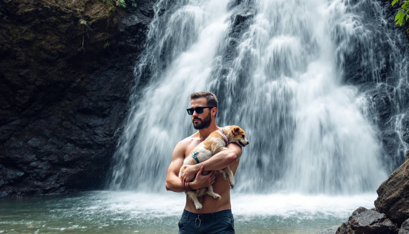 AI generated: A man in waterfall with pet