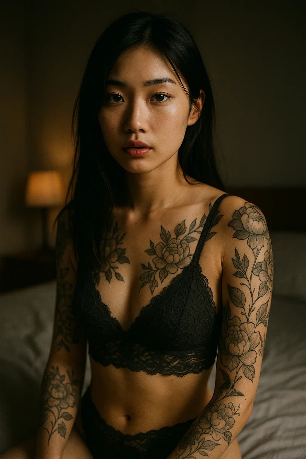 AI generated: A hyper-realistic cinematic portrait of a stunning young Japanese woman in her early twenties, sitti...