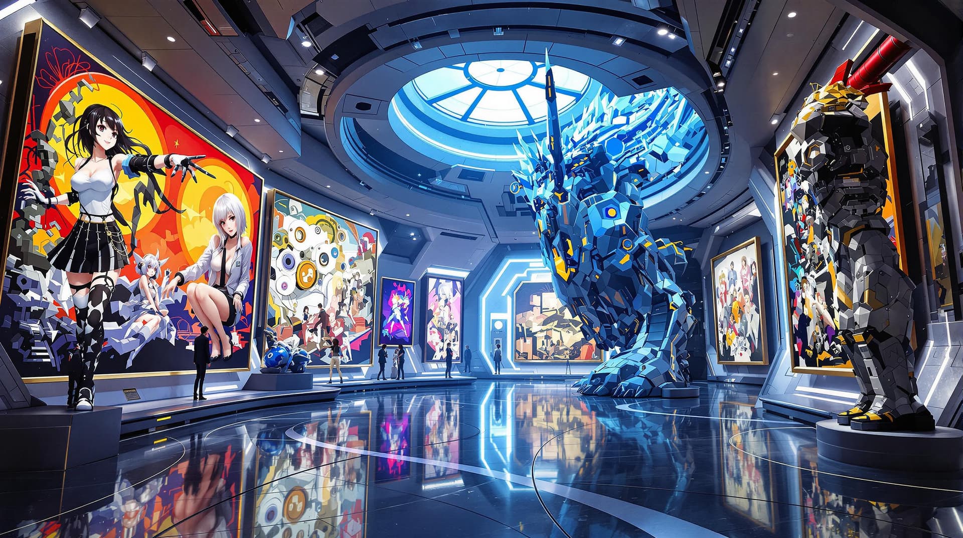 AI generated: Inside a futuristic virtual museum, a close-up view reveals anime-style art that is peculiar, odd, a...