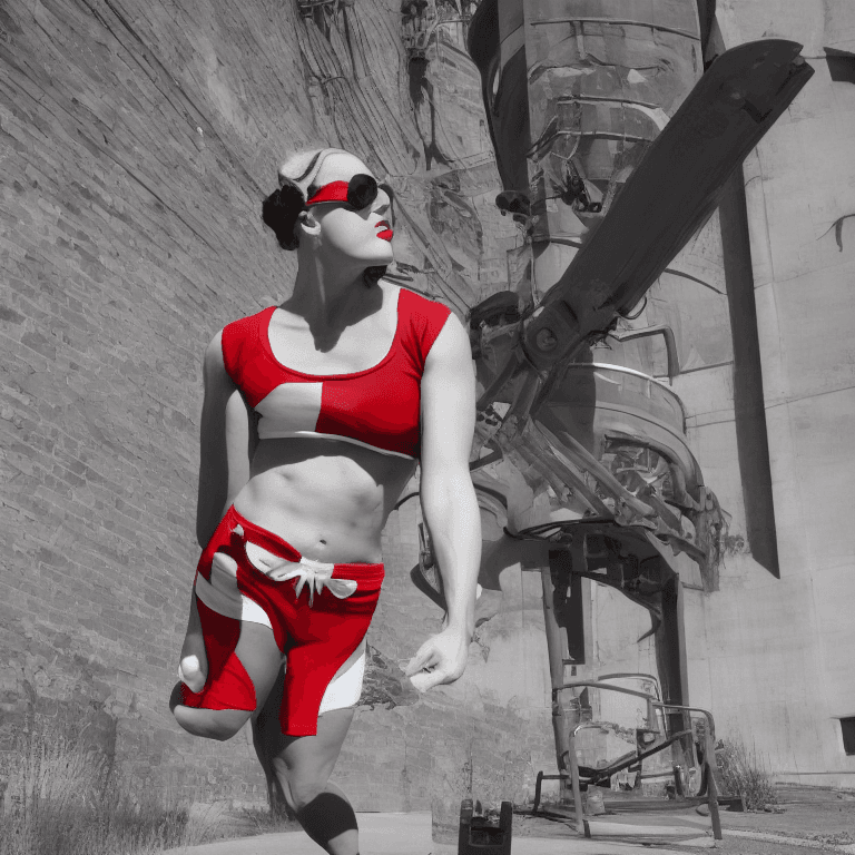 AI generated: atompunk, highly detailed, rear angle photo, of (alt 1920s fitness woman, wearing red and white micr...