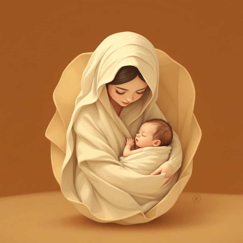 AI generated: Uma ilustração digital de uma fada, aparentemente uma mãe, com um bebê em seus braços, pousada em um...