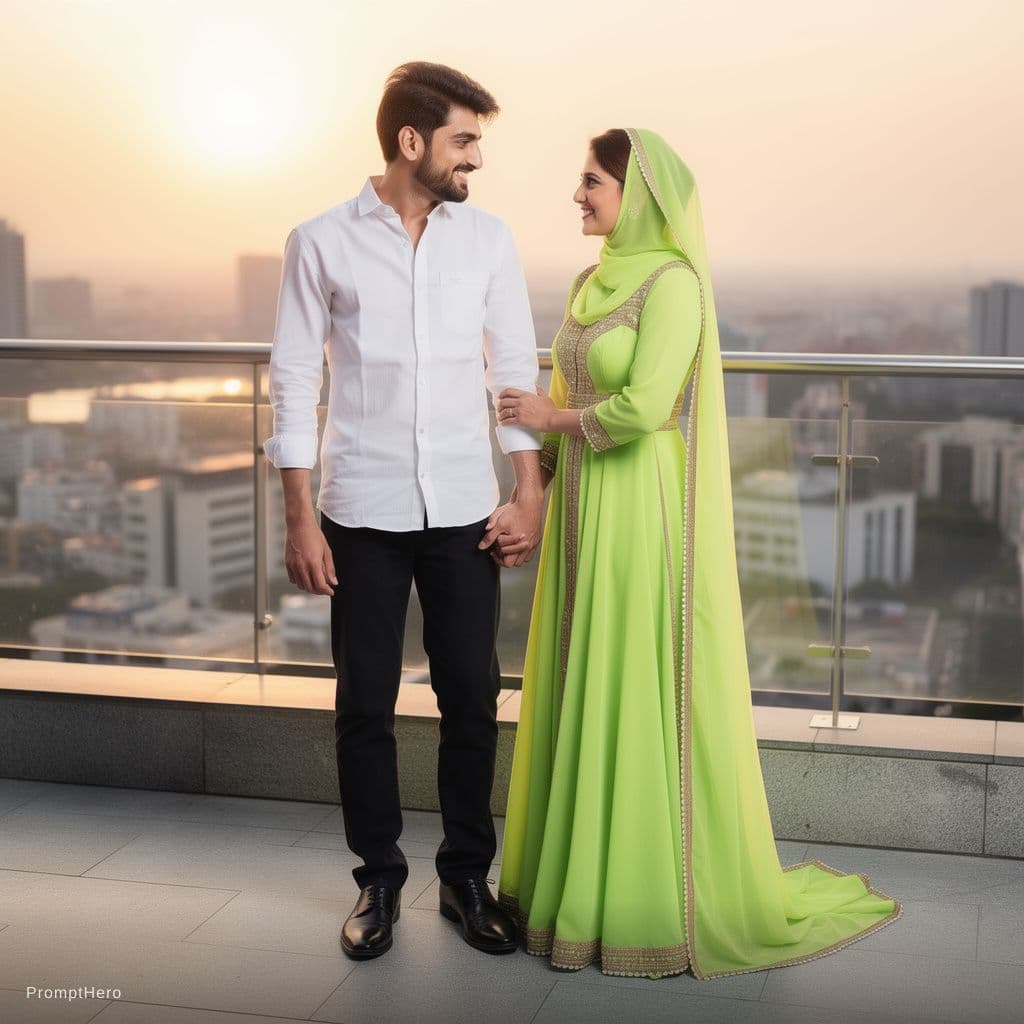 AI generated: Realistic Picture is a couple-  Beautiful morning sunrise on a beautiful luxurious rooftop, female i...