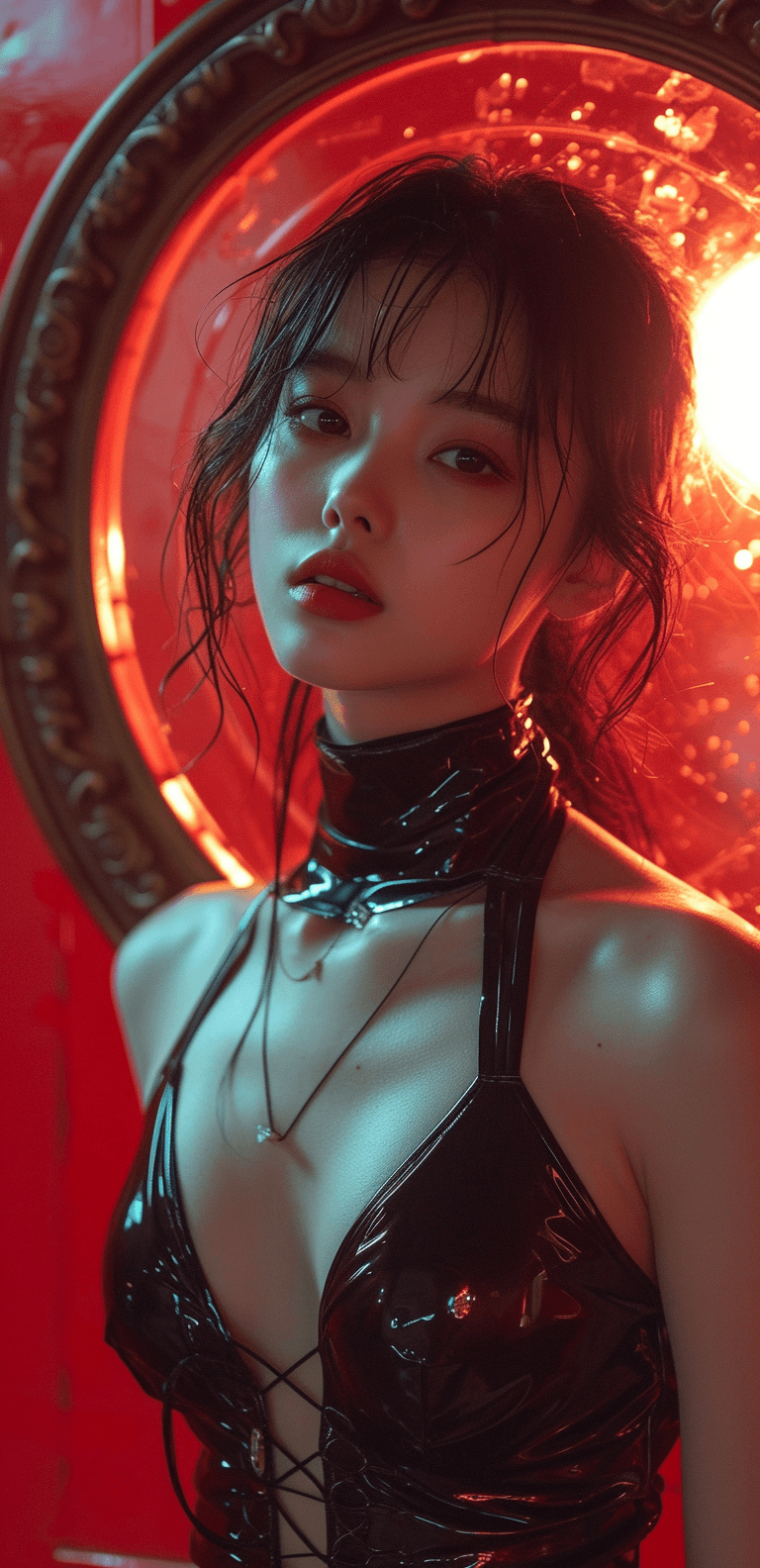 AI generated: a girl in black latex is posing by a red mirror, in the style of sandara tang, glowwave, ruan jia, w...