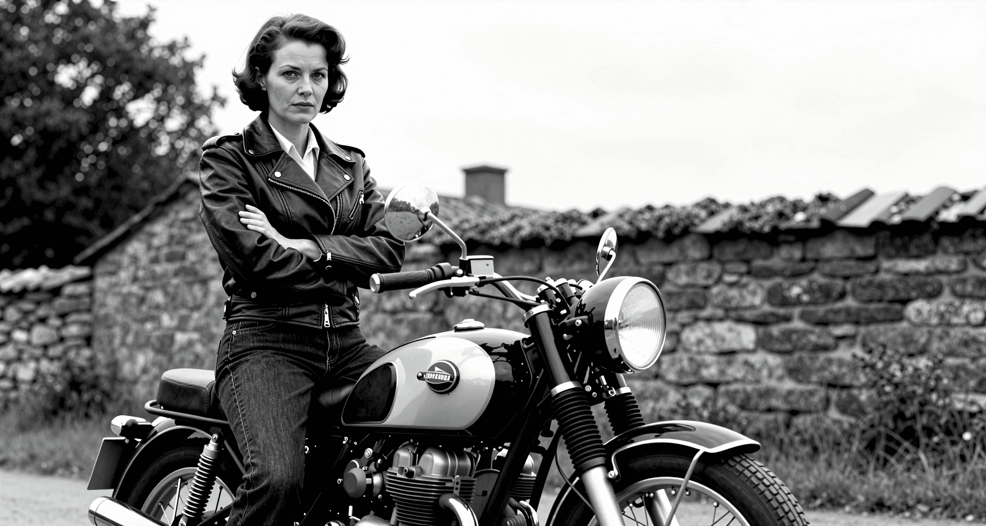 AI generated: Black-and-white vintage photograph of a poised woman on a 1950s motorcycle, leather jacket with visi...
