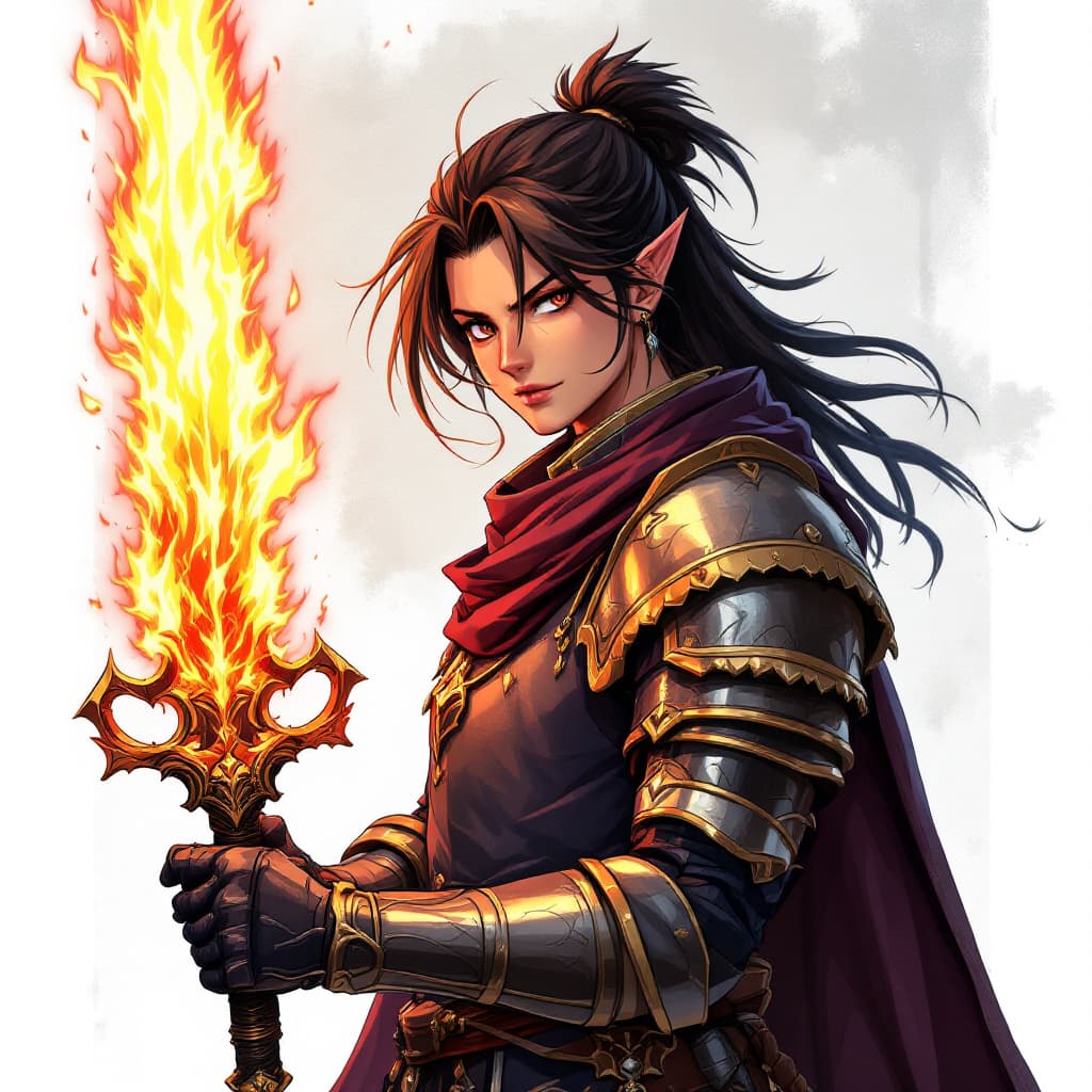 AI generated: A medieval warrior in anime-style armor, holding a flaming sword