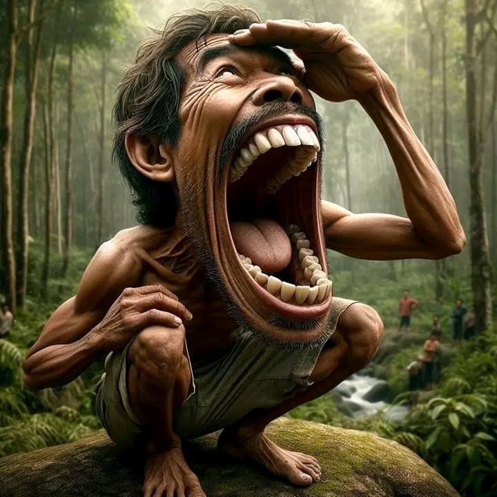 AI generated: an Indonesian guy, opened his mouth as wide as possible, until his teeth were visible, the guy put o...