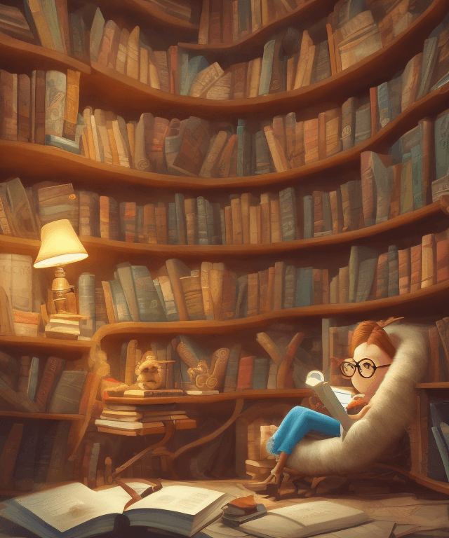 AI generated: A whimsical illustration of a content bookworm in a cozy library setting, surrounded by books, readi...