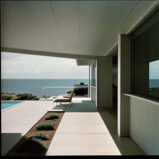 AI generated: Hyper realistic eye level exterior photo of a mid century modern style house overlooking the ocean, ...