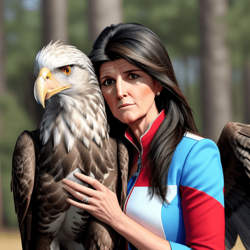 AI generated: nikki haley is seen petting a large eagle. the bird has a red right wing, a blue left wing, vertical...