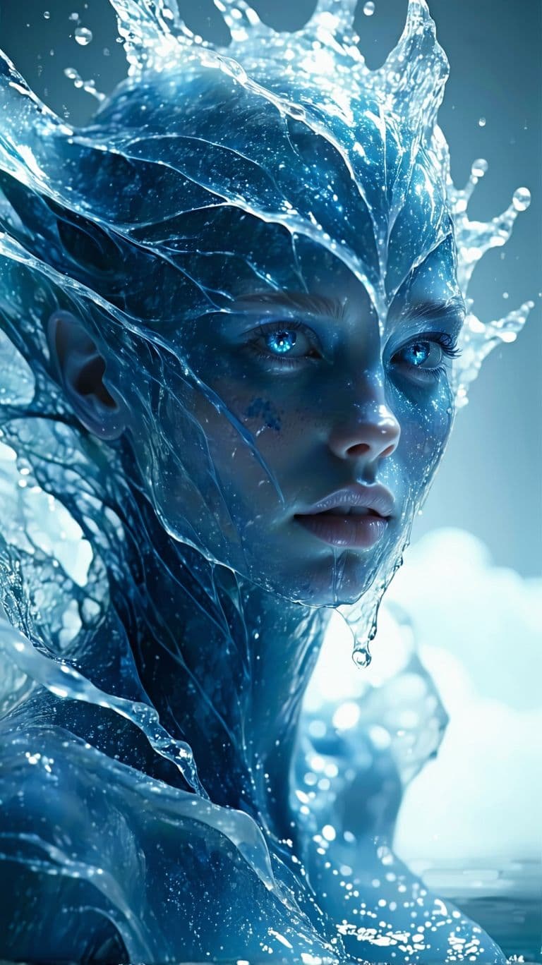 AI generated: Beautiful water Goddess made of water, realistic water hair, water skin, looking up, face camera, ex...
