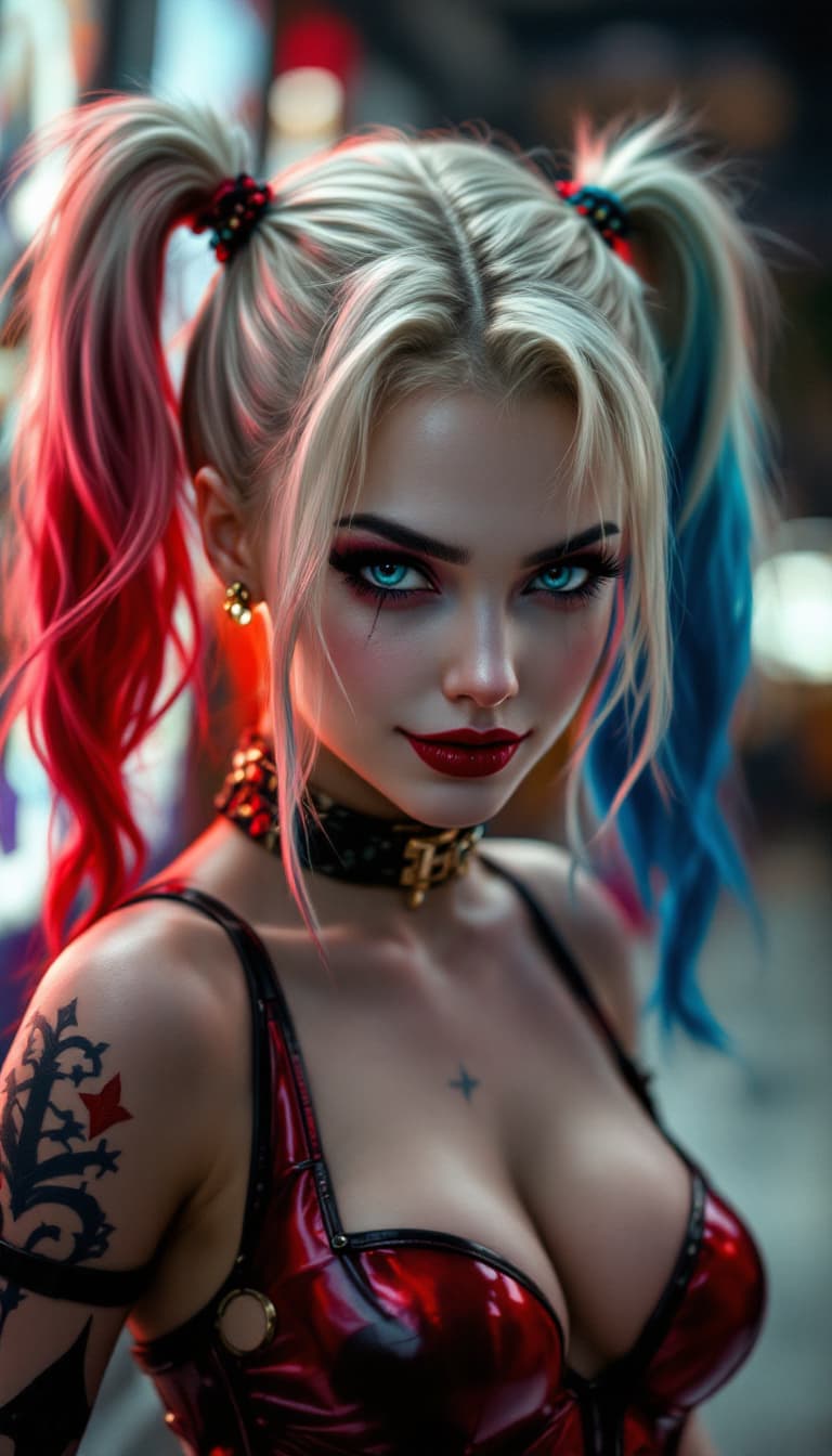 AI generated:  photo realism fictional character harley quin dressed chic fashion maner