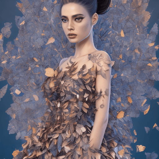 AI generated: A full body photorealistic beautiful dress made entirely of leaves with blue apple texture, rose pat...