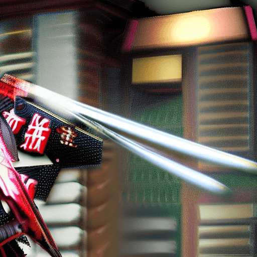 AI generated: (Asian girl wearing intricate samurai armor:1.5), dark rainy city, (dynamic pose, action scene), (lu...