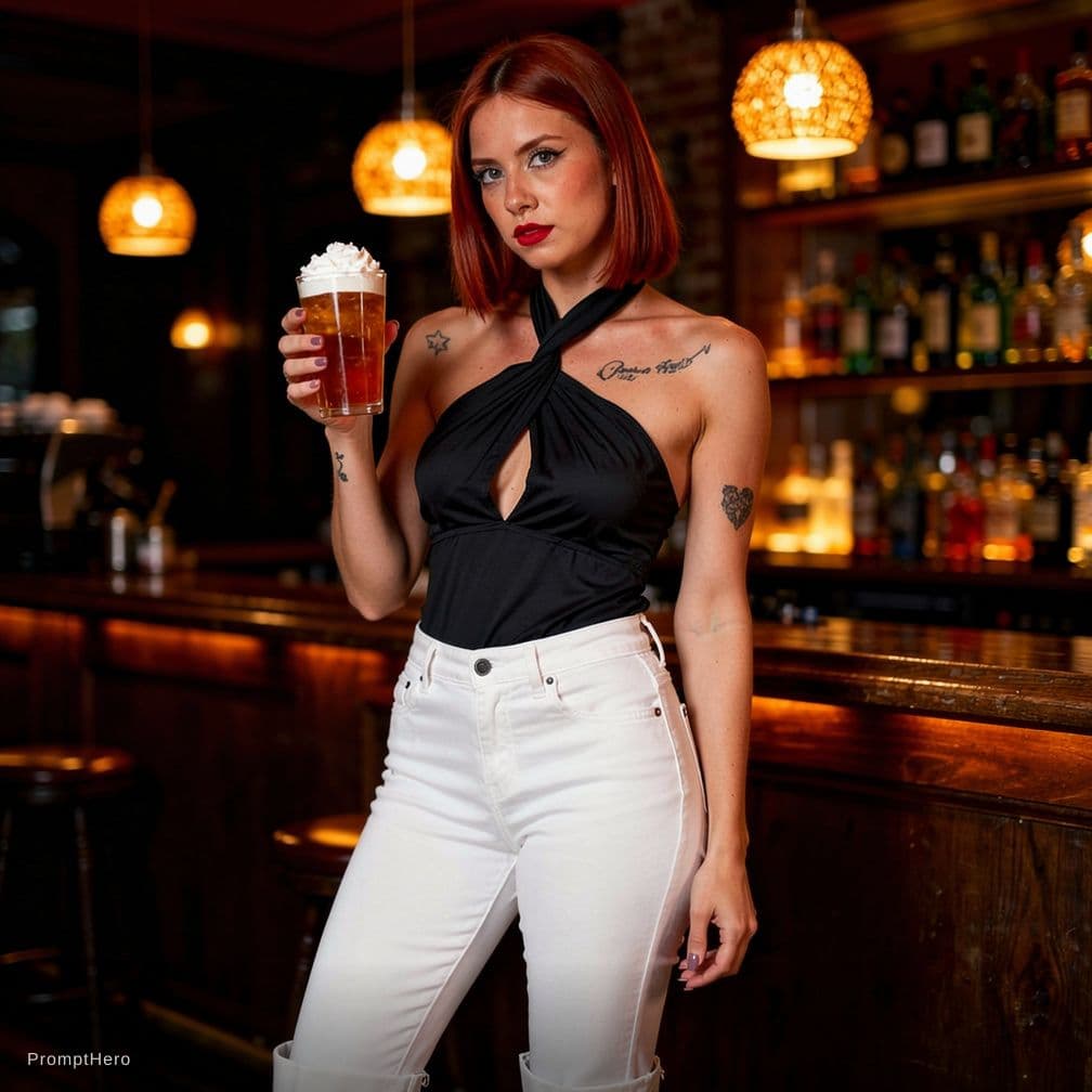 AI generated: A barista wearing a black keyhole top, with white boot-cut pants, in a dark, but warm-lighted bar, h...