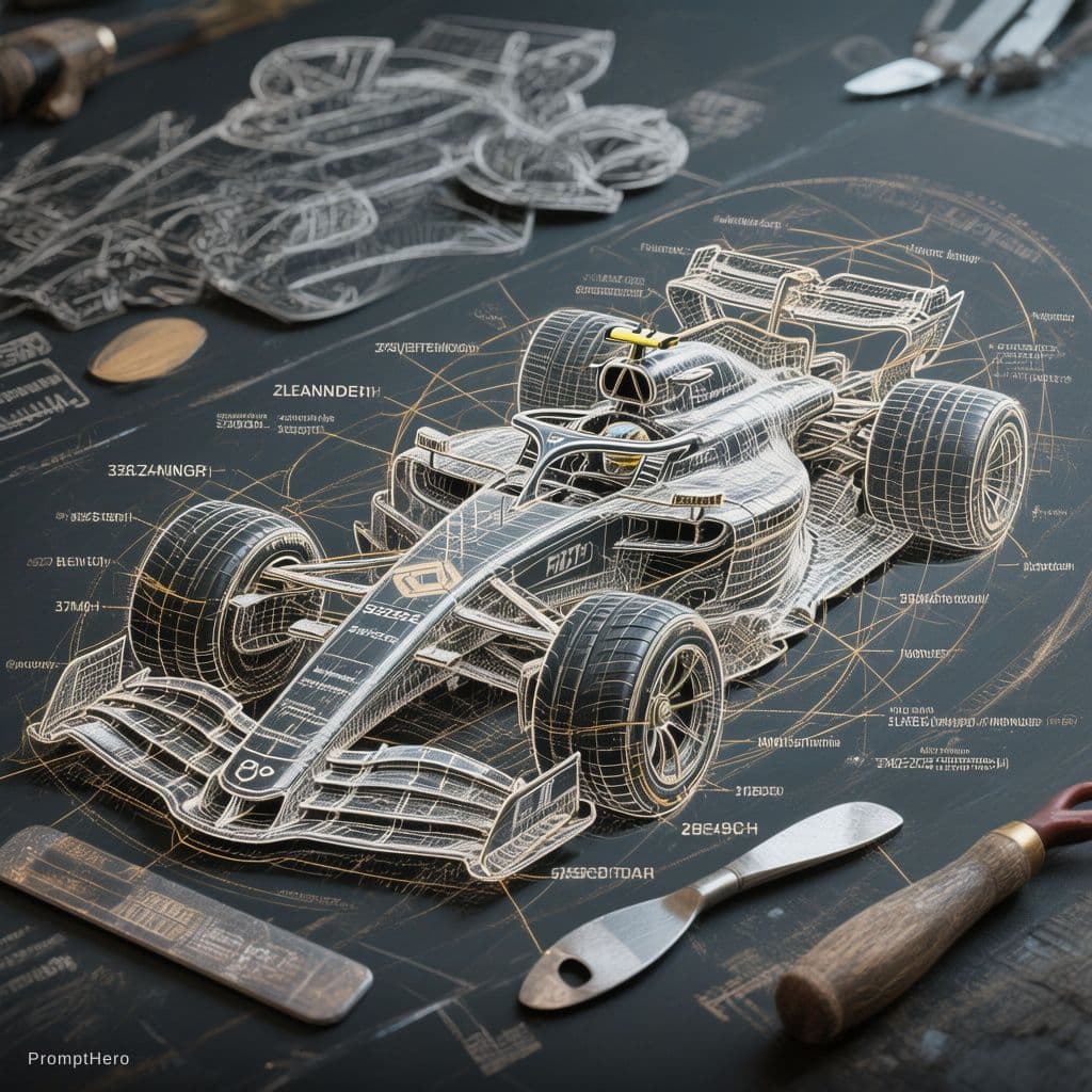 AI generated: sketches blueprint of formula one car 2026, warp engines, formulas and annotations, schematic by par...