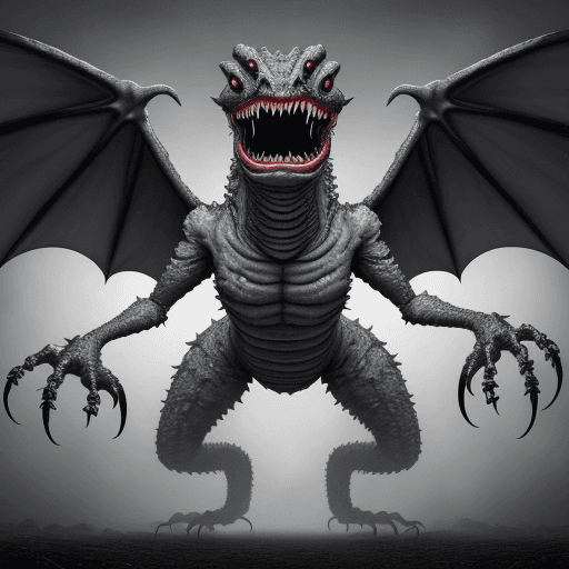 AI generated:  high quality foto of a big grey monster, 10 legs, 3 arms, slimy, 3 grimaces with big teeth, wings, ...