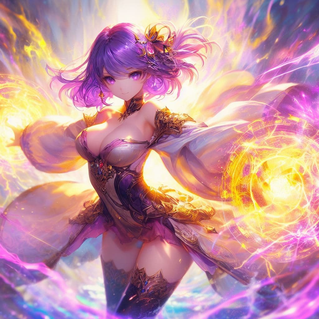 AI generated: painterly style, very pretty and cute mage woman with purple hair casting very powerful spell, ragin...