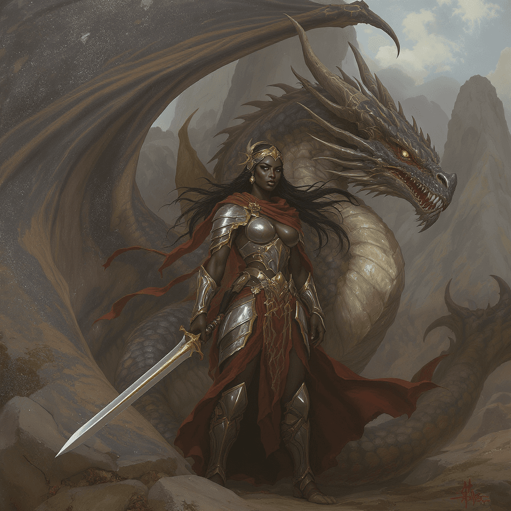 AI generated: A fantasy painting of an attractive female black african dressed in an Arab warrior style, battle ar...