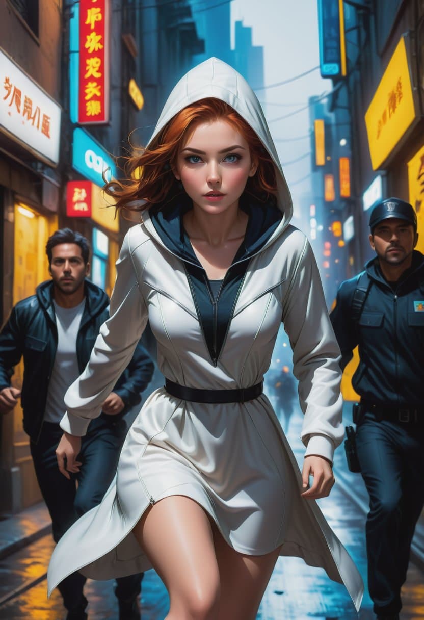 AI generated: Close up image of 2 subjects, 1girl with auburn colored hair, wearing long sleeve white dress with h...
