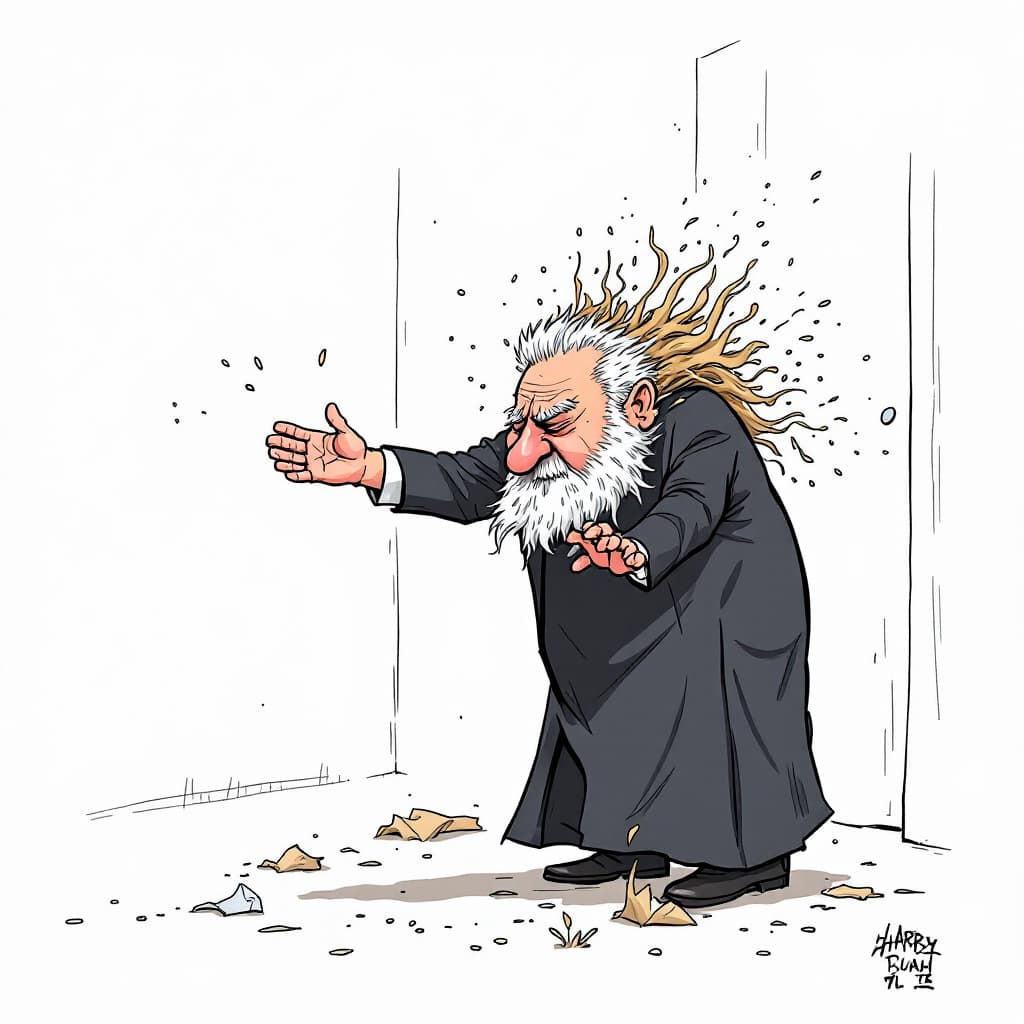 AI generated: Khamenei Ali, throw them out of the door by foot and he is very depressed and lust illustration, car...