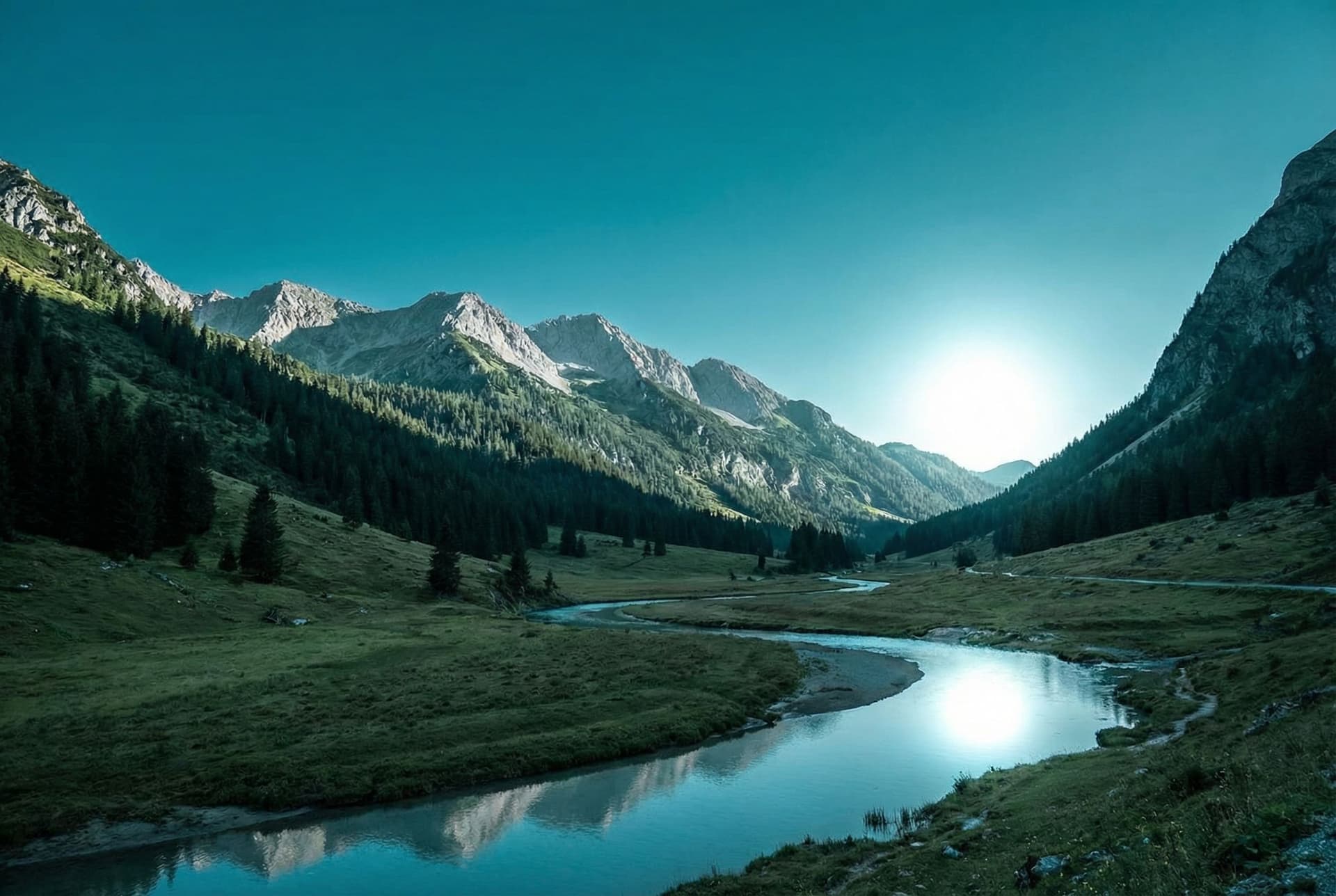 AI generated: a scenic landscape with tall mountains and trees but the sky has a more teal color  with no clouds a...