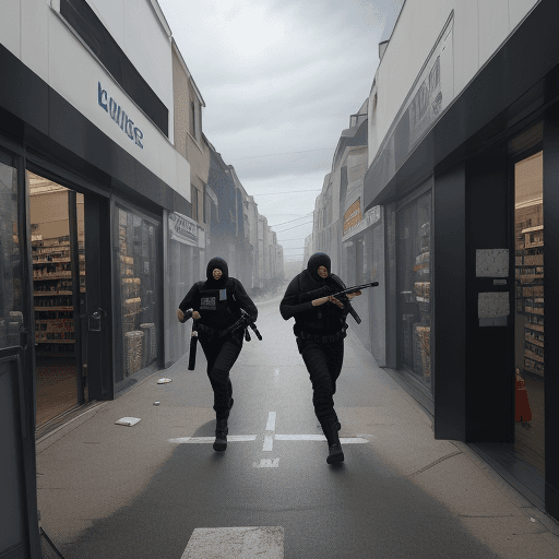 AI generated: photo of a thief robbing in a shop with a shotgun, street with police, cloudy