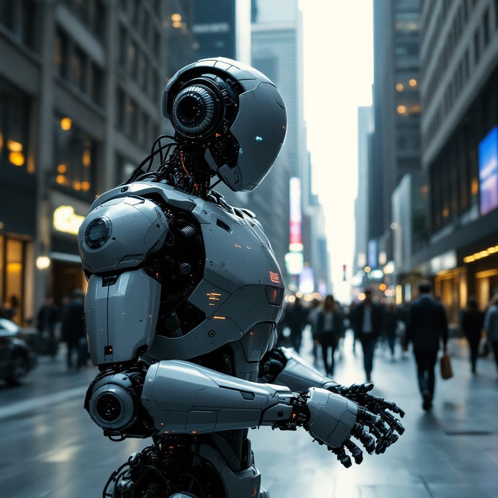 AI generated: A computer robot trading in wall street and lots of people walking in the office