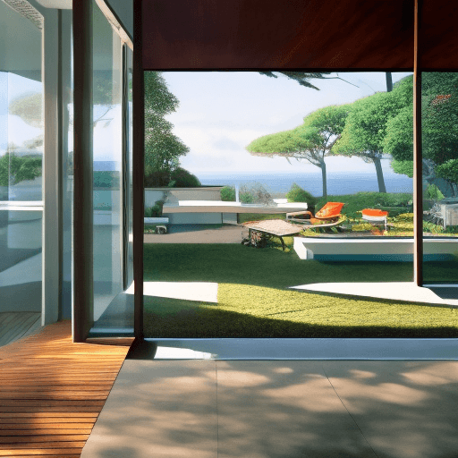 AI generated: Hyper realistic eye level exterior photo of a mid century modern style house overlooking the ocean, ...