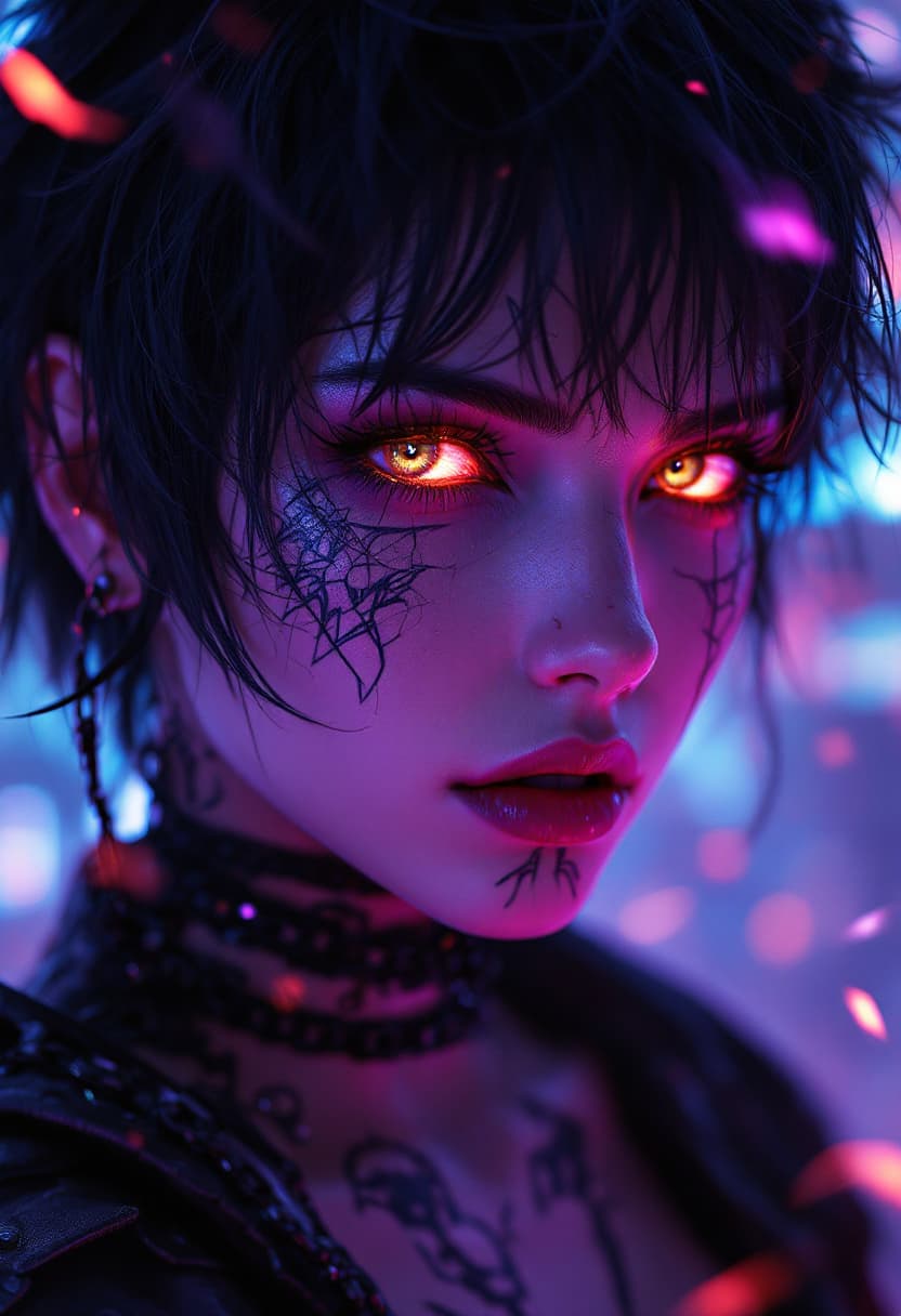 AI generated: A stunning close-up portrait of a mysterious cyberpunk warrior woman with glowing brown an grey eyes...
