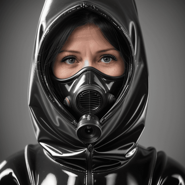 AI generated: hyper realistic headshot photo of a 40 year old woman, wearing a latex gas mask, a latex suit with l...