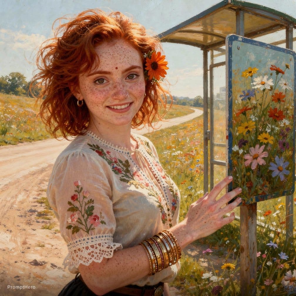 AI generated: A candid roadside moment captures a freckled redhead with messy, shoulder-length curls and a soft, r...