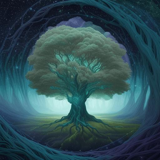 AI generated: bright painting of a tree with stars and birds in the sky, in the style of dreamlike fantasy creatur...