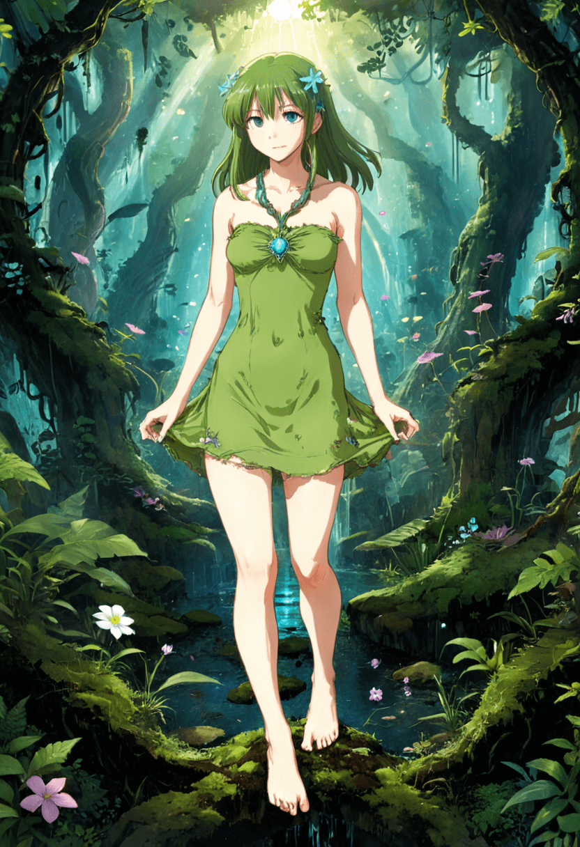 AI generated: anime artwork <lora:xl_more_art-full_v1:1>,<lora:DreamARTSDXL:1>,In a dense alien forest, the subjec...