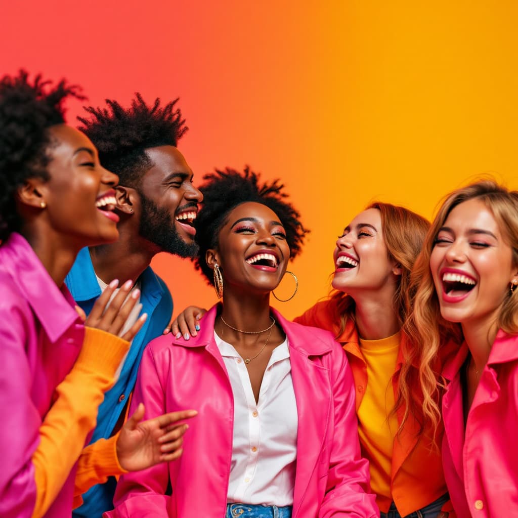 AI generated: Hyperrealistic photo of a group of 5 friends laughing to tears, full of joy and wild energy, all loo...