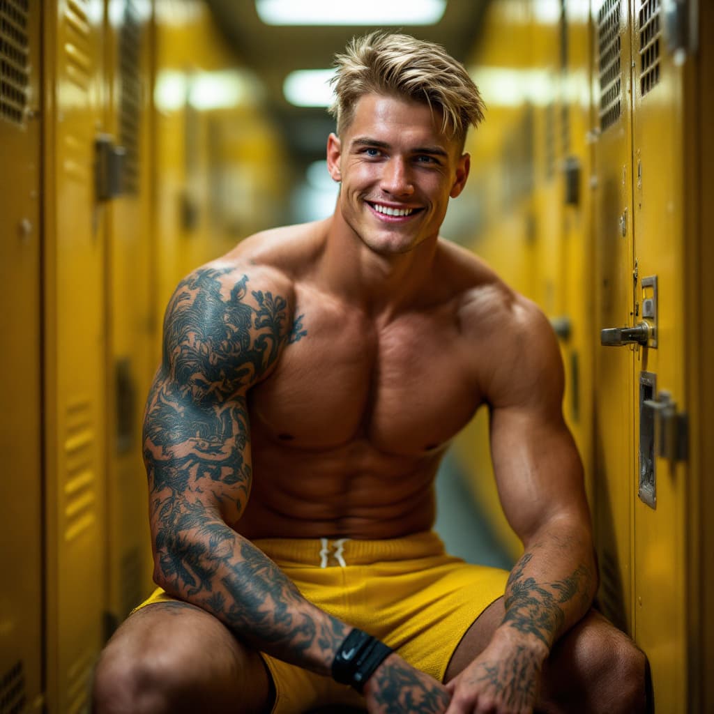 AI generated: Locker room, tall college football player, neat short blond hair, blue eyes, muscles, yellow shiny m...
