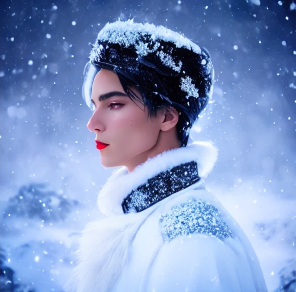 AI generated: Frostpunk Fashion Photography male, white glacial blue, minimalism, smoked eye shadow, illuminated w...