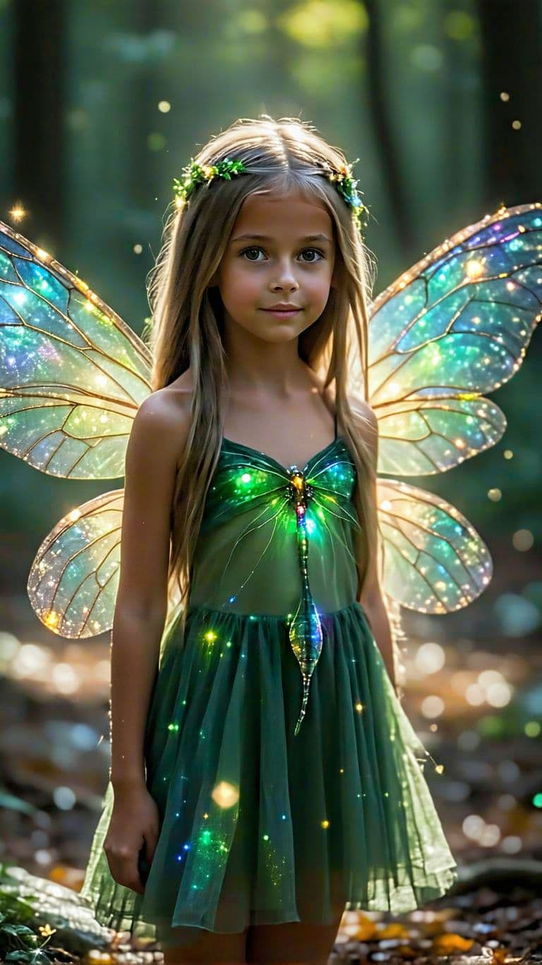 AI generated: A professional photo of a realistic of a Fairy  tween (full Body) with shimmering dragonfly wings, c...