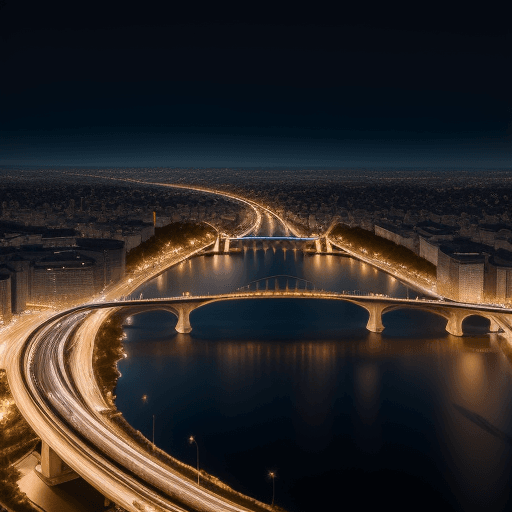 AI generated: High resolution photography of Bucharest in the future, Doamna Ghica bridge, at night, difuse light