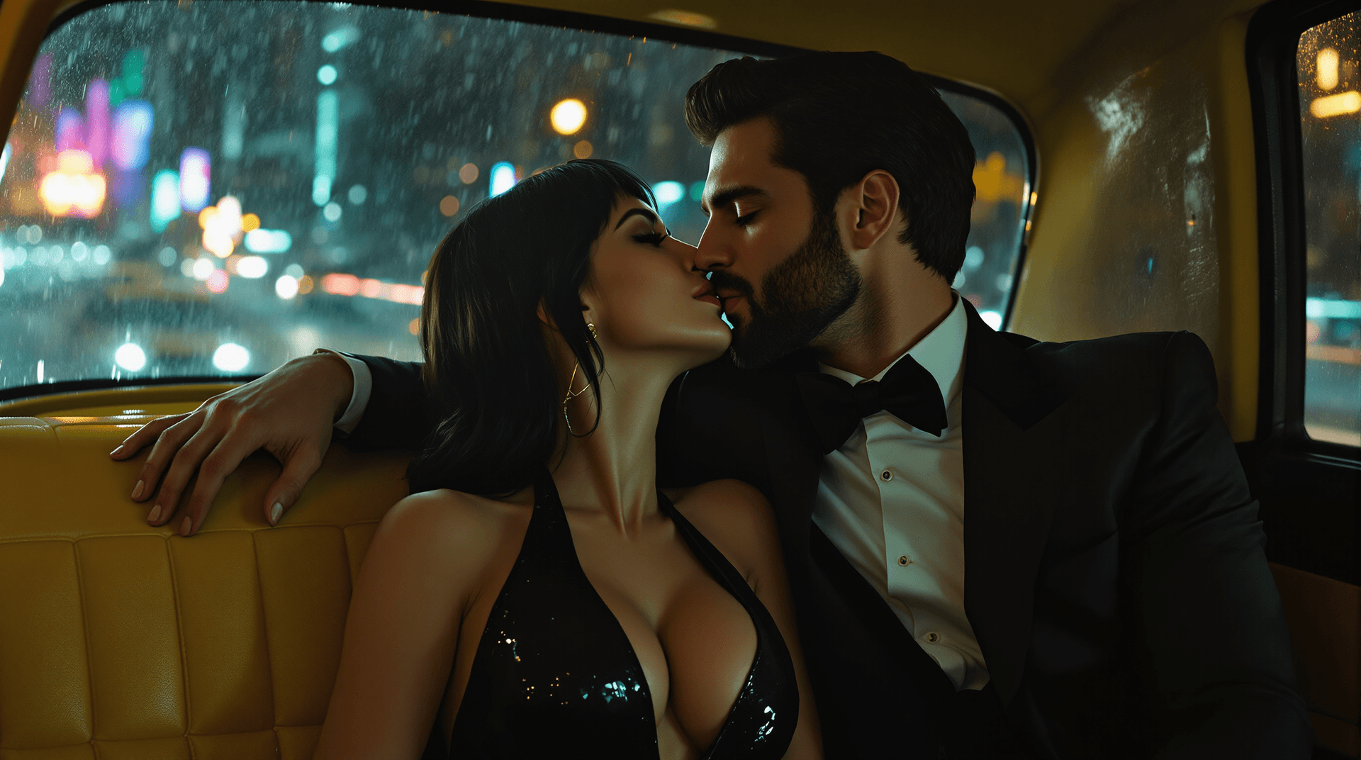 AI generated: Interior of a yellow cab at night. A Caucasian couple (Lilith and Jon) in the back seat. Lilith (plu...
