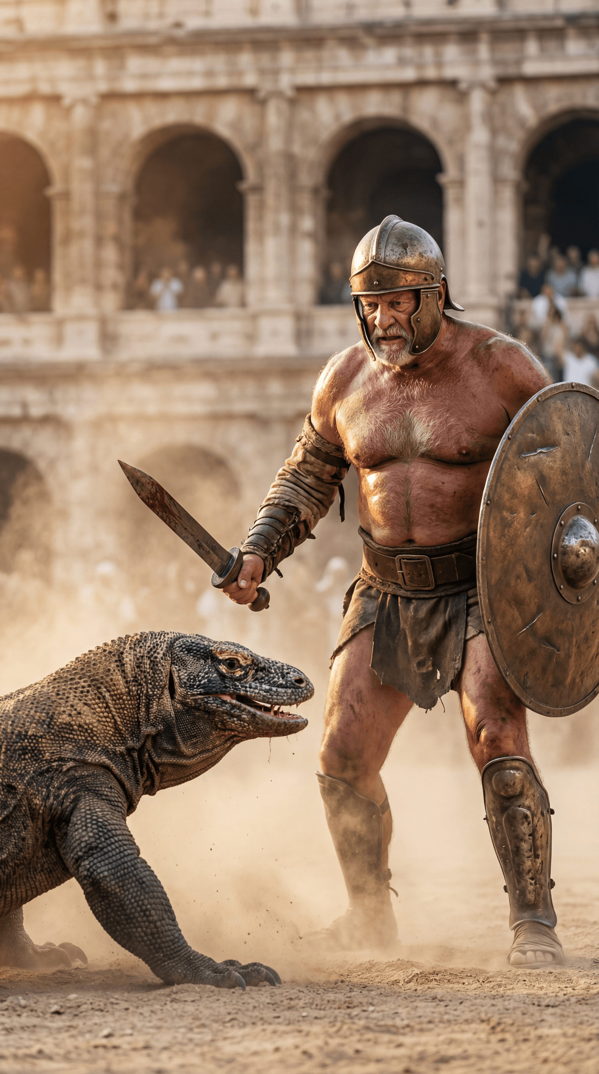 AI generated: Ultra-realistic documentary-style action photography inside the Roman Colosseum, bathed in warm gold...