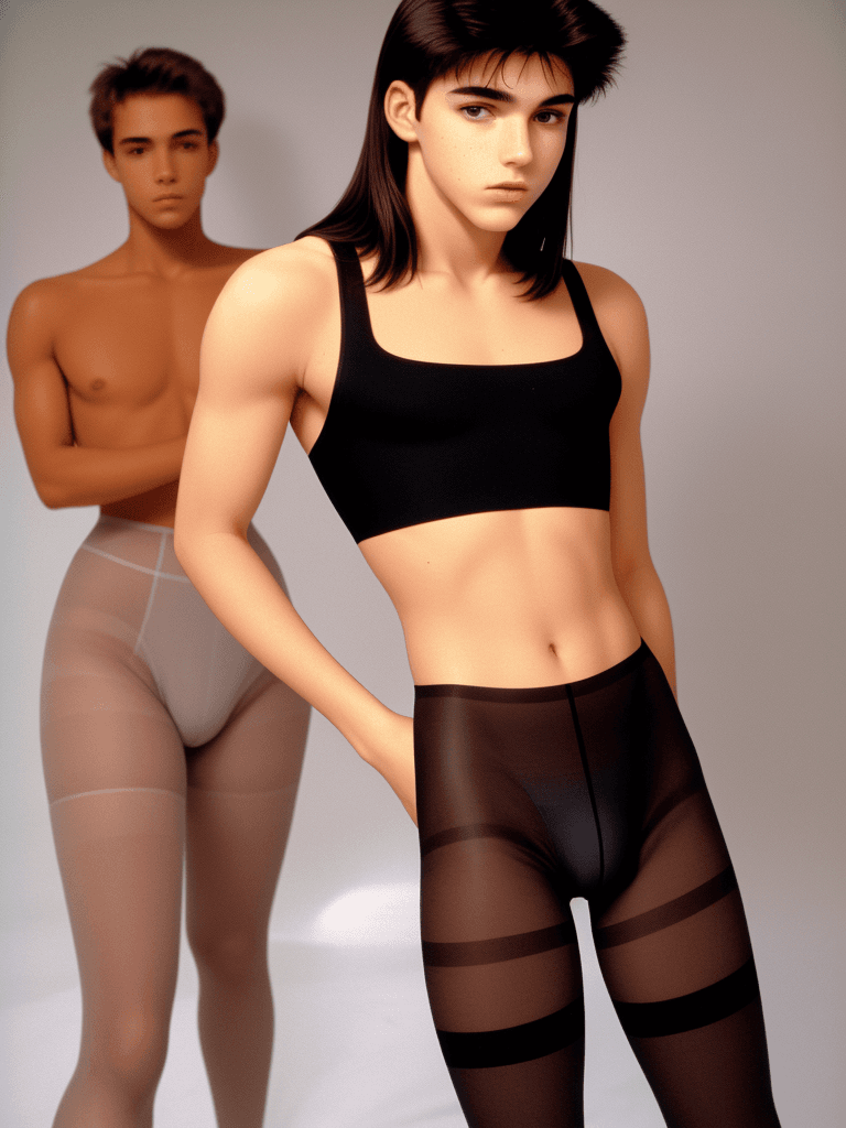 AI generated: Flat-chested 18 year old boy wearing a 1990s bodybriefer girdle over pantyhose. his pantyhose are of...