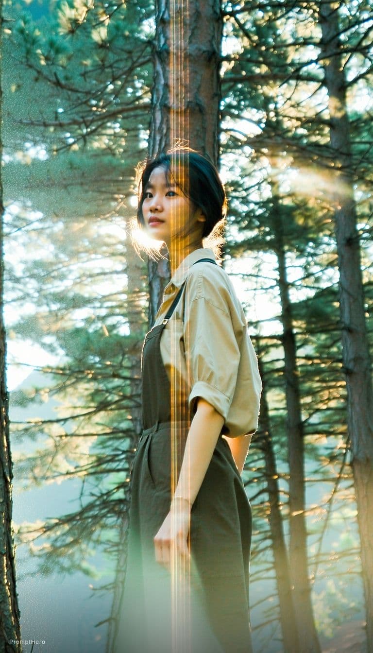 AI generated: A cinematic portrait of an Asian woman standing in a quiet forest, captured in a spontaneous moment ...