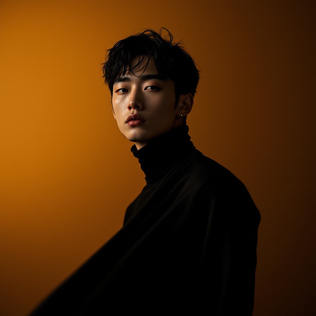 AI generated: fashion editorial photography, front shot, full-body, professional korean male model, shot with hass...