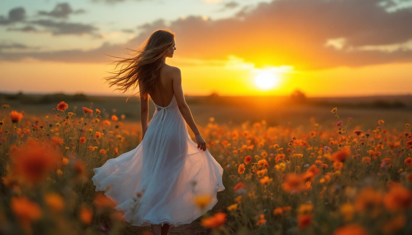 AI generated: A serene sunset scene where a woman stands gracefully in a flowing white dress blowing on wind. She'...