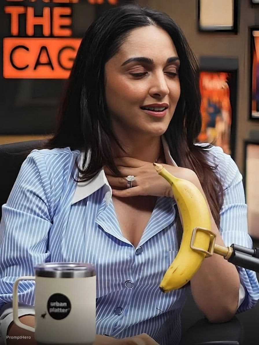 AI generated: Open the first and second shirt button and replace the mic with a banana