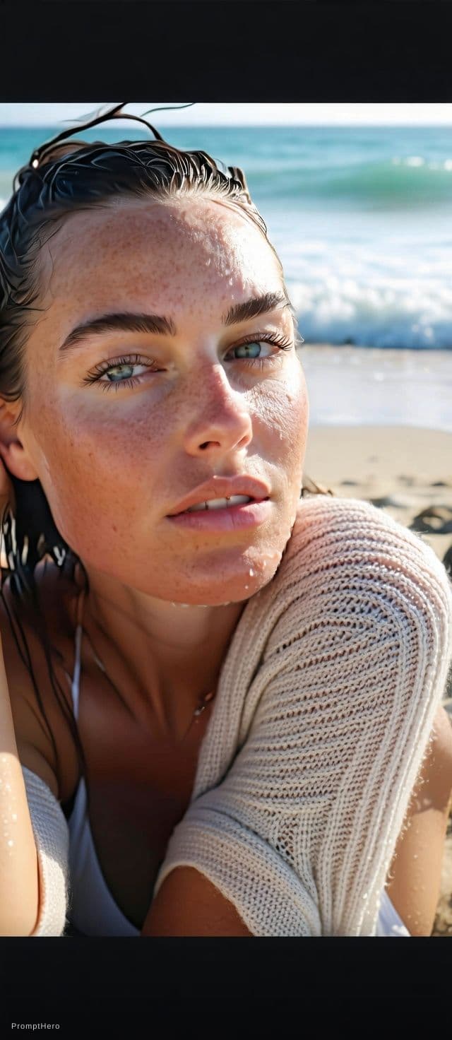 AI generated: A cinematic, photorealistic portrait of a woman relaxing on a sun-drenched tropical beach at golden ...