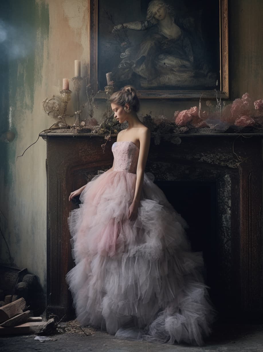 AI generated: a woman standing next to a fireplace in a room, style of paolo roversi, wearing a pink tutu, still f...
