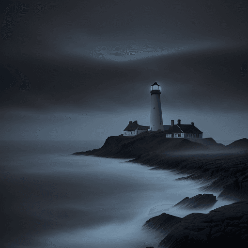 AI generated: masterpiece: a lighthouse in a mystic scenery in black and dark blue with mist