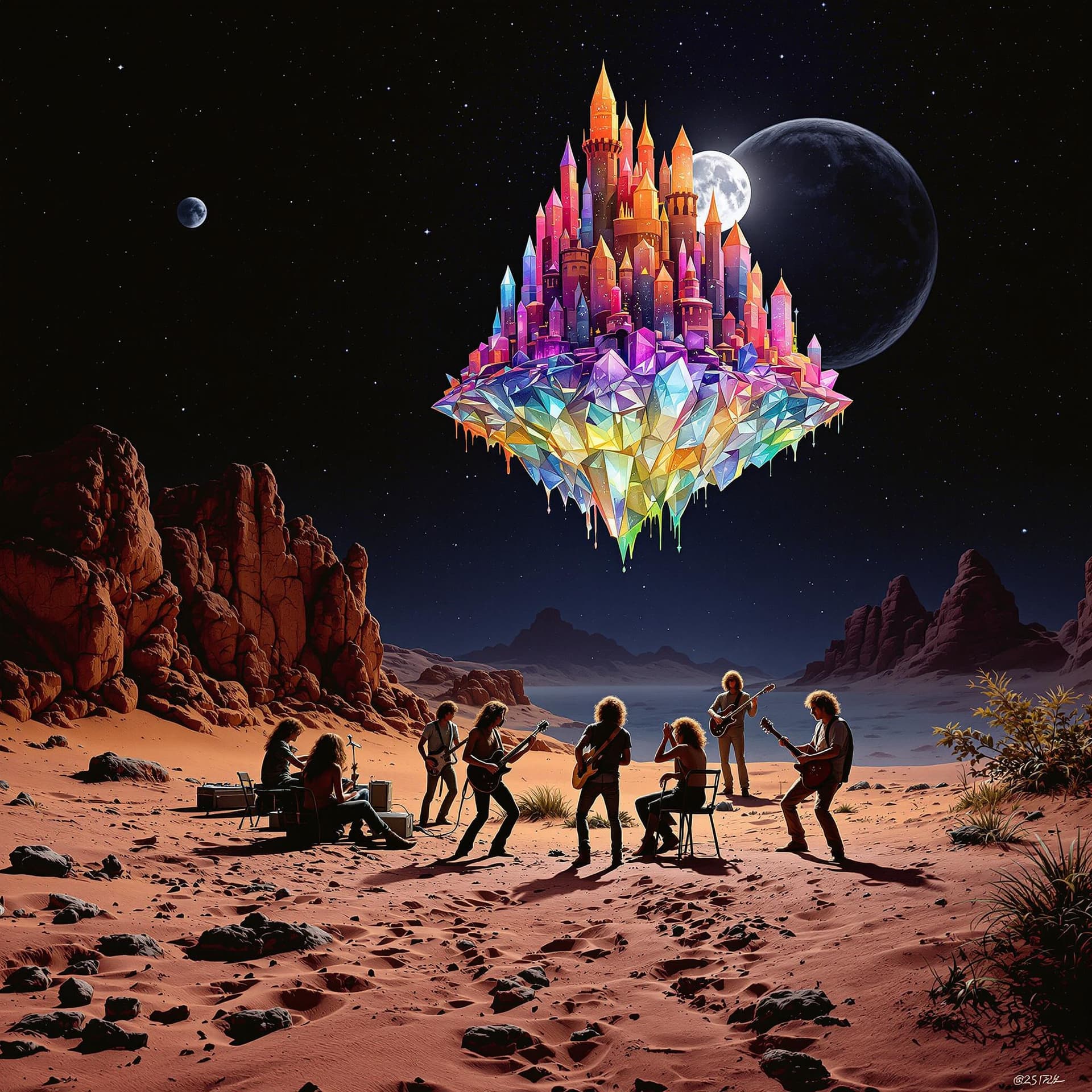 AI generated: A group of Hippies from the 60s playing in the sand on Mars, with a castle made of multicolored crys...